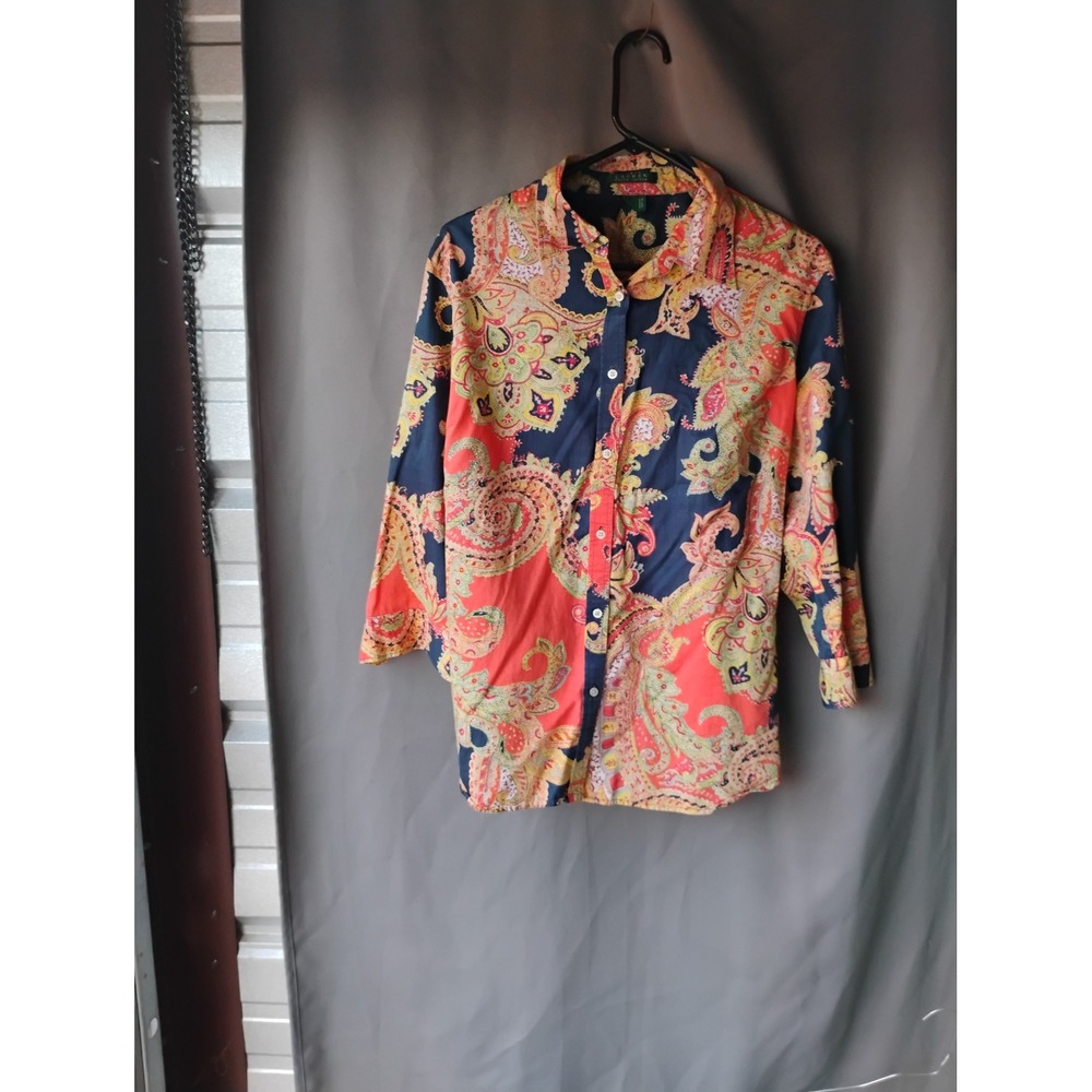 Lauren Ralph Lauren Paisley Cotton Button Down Shirt Navy Coral 1X